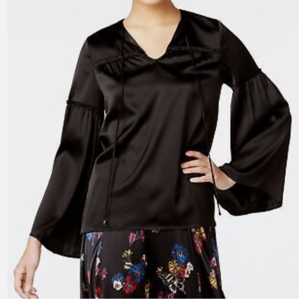 Catherine Malandrino Black Silk Bell Sleeve Peasant Blouse Size Small